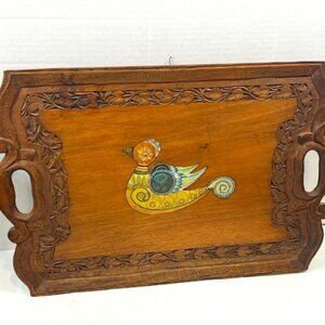 Hand-carved, Hand Painted Natural Wood Tray/Wall Hanging Rustic Art 17"x11.5"